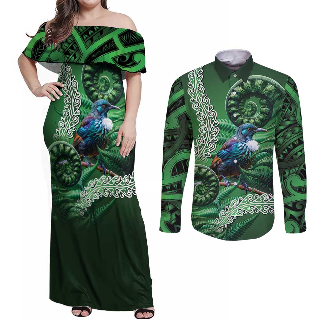 Tui Bird Koru Silver Fern Aotearoa Couples Matching Off Shoulder Maxi Dress and Long Sleeve Button Shirt
