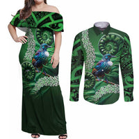 Tui Bird Koru Silver Fern Aotearoa Couples Matching Off Shoulder Maxi Dress and Long Sleeve Button Shirt