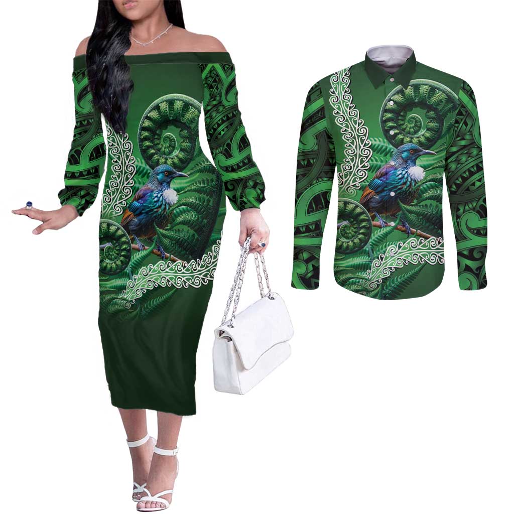 Tui Bird Koru Silver Fern Aotearoa Couples Matching Off The Shoulder Long Sleeve Dress and Long Sleeve Button Shirt LT9 Green - Polynesian Pride