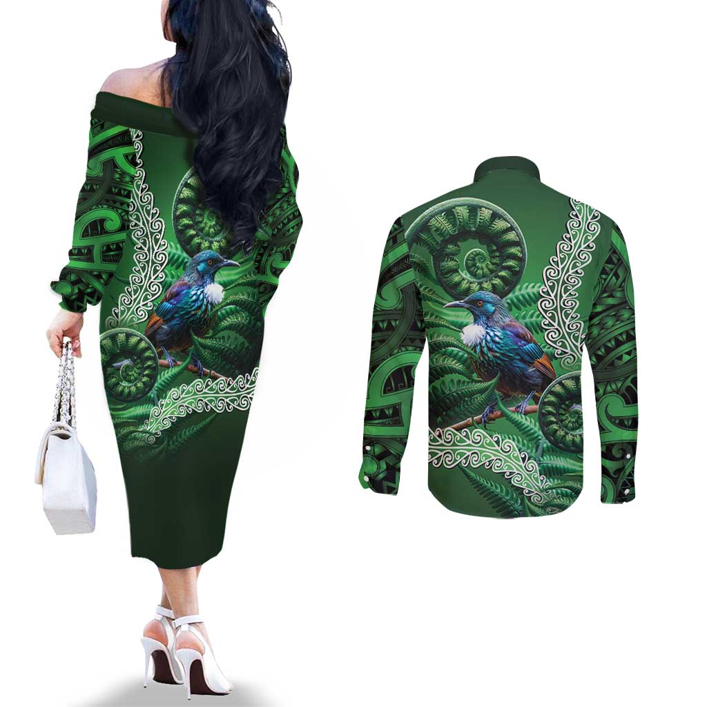 Tui Bird Koru Silver Fern Aotearoa Couples Matching Off The Shoulder Long Sleeve Dress and Long Sleeve Button Shirt LT9 - Polynesian Pride