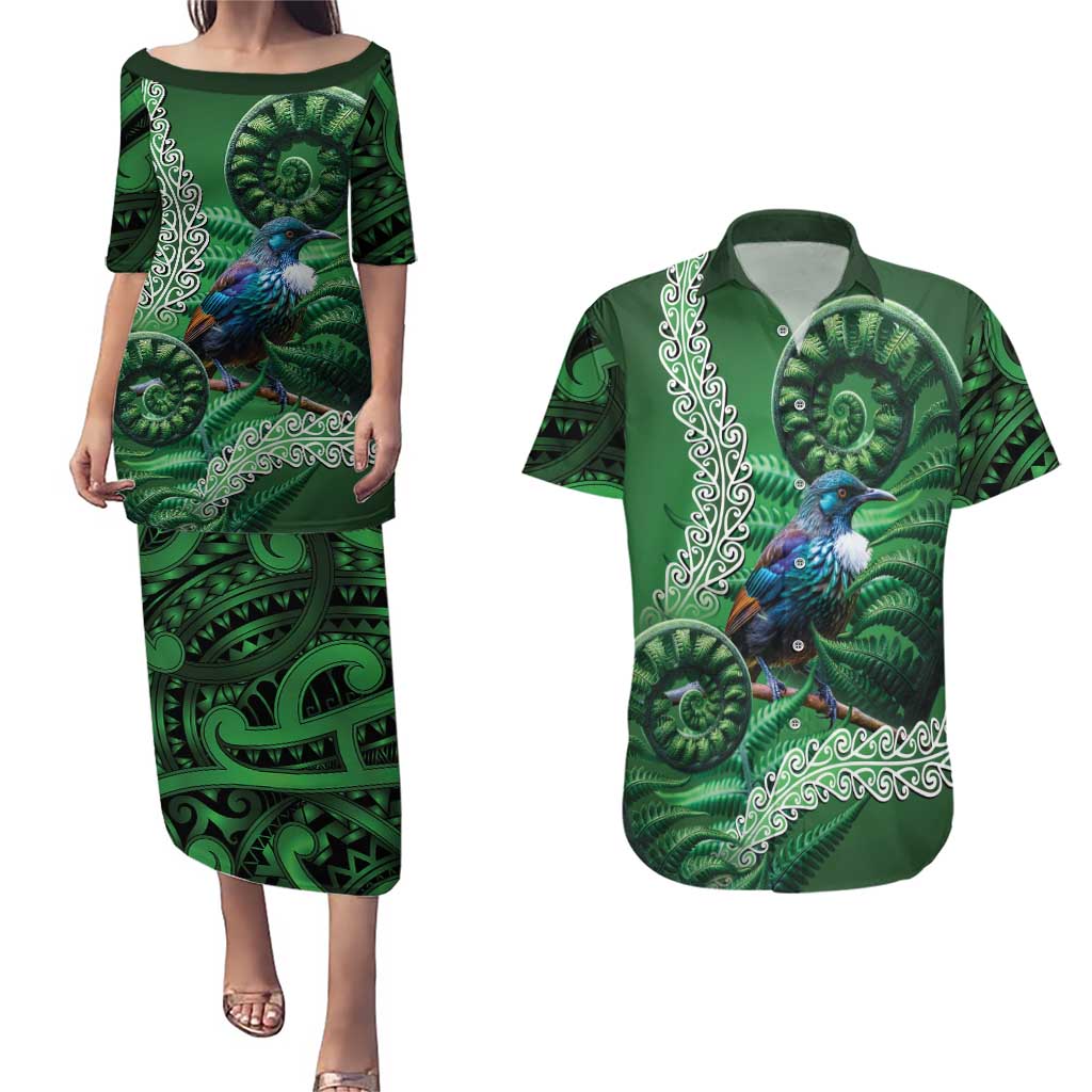 Tui Bird Koru Silver Fern Aotearoa Couples Matching Puletasi and Hawaiian Shirt