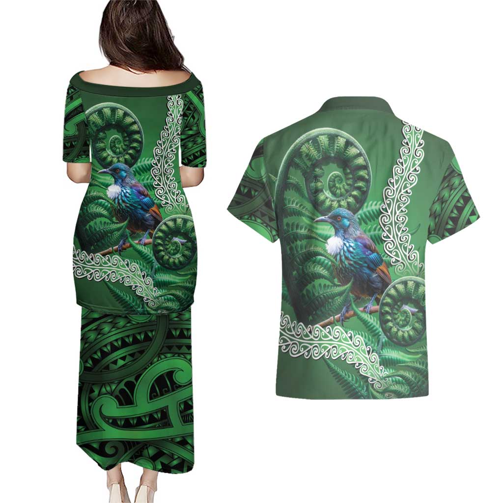 Tui Bird Koru Silver Fern Aotearoa Couples Matching Puletasi and Hawaiian Shirt
