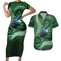 Tui Bird Koru Silver Fern Aotearoa Couples Matching Short Sleeve Bodycon Dress and Hawaiian Shirt LT9 Green - Polynesian Pride