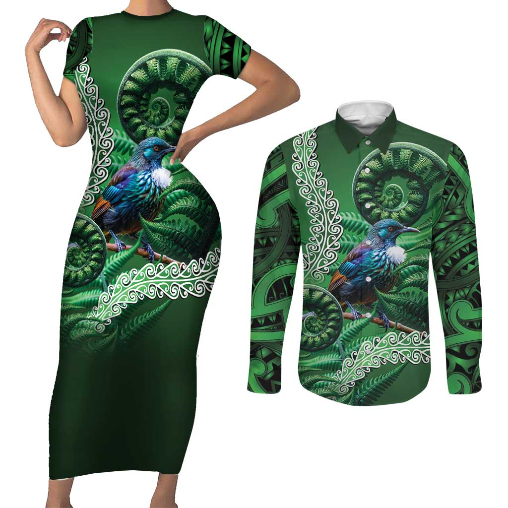 Tui Bird Koru Silver Fern Aotearoa Couples Matching Short Sleeve Bodycon Dress and Long Sleeve Button Shirt