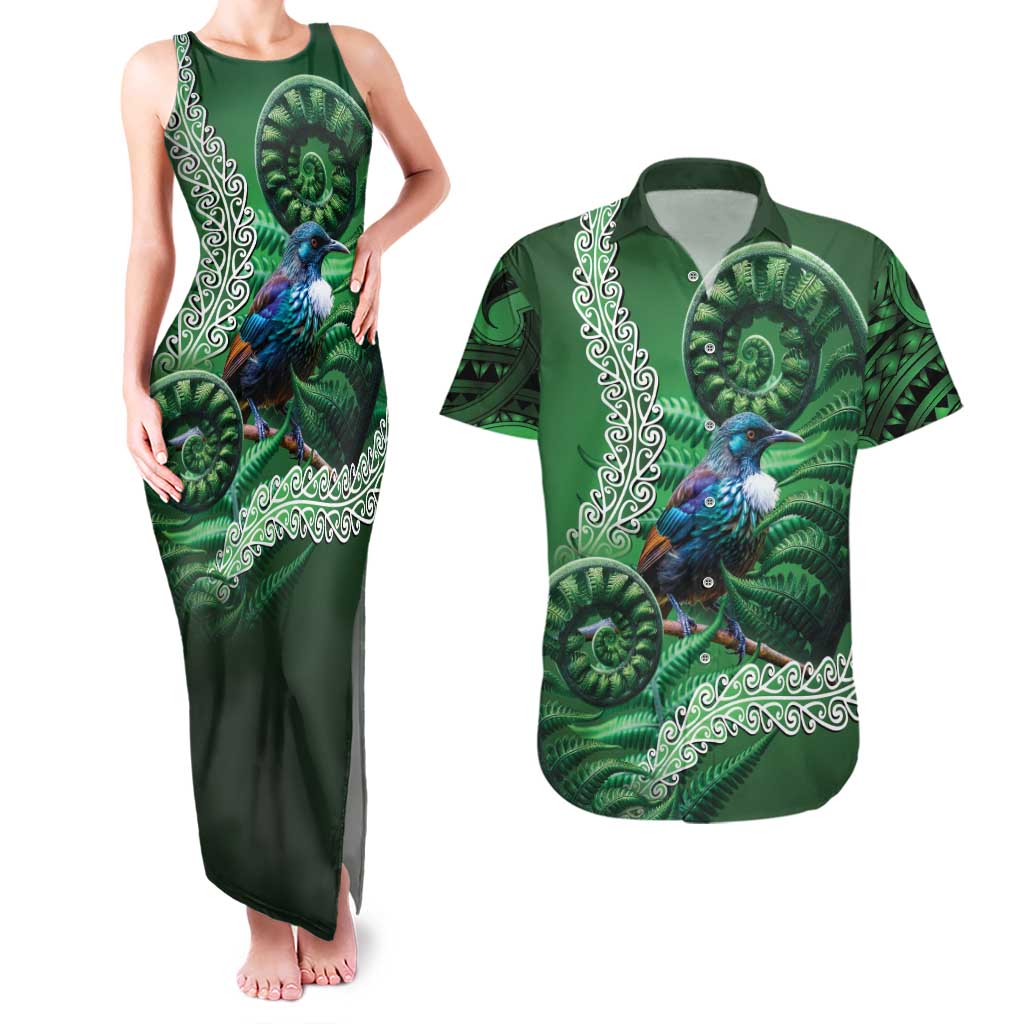 Tui Bird Koru Silver Fern Aotearoa Couples Matching Tank Maxi Dress and Hawaiian Shirt LT9 Green - Polynesian Pride