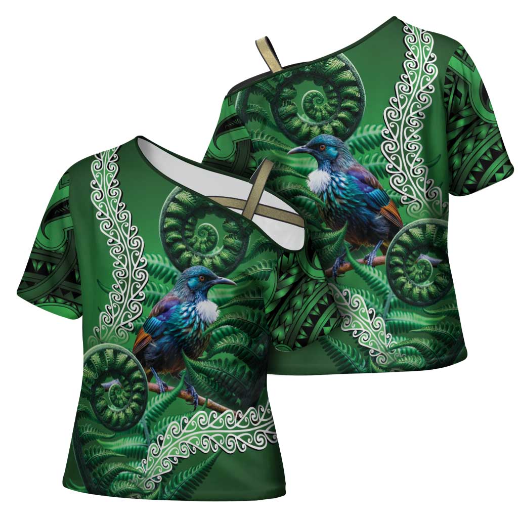 Tui Bird Koru Silver Fern Aotearoa Cross Shoulder Shirt