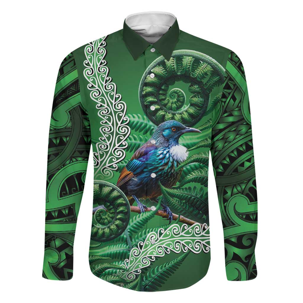 Tui Bird Koru Silver Fern Aotearoa Family Matching Long Sleeve Bodycon Dress and Hawaiian Shirt LT9 Dad's Shirt - Long Sleeve Green - Polynesian Pride