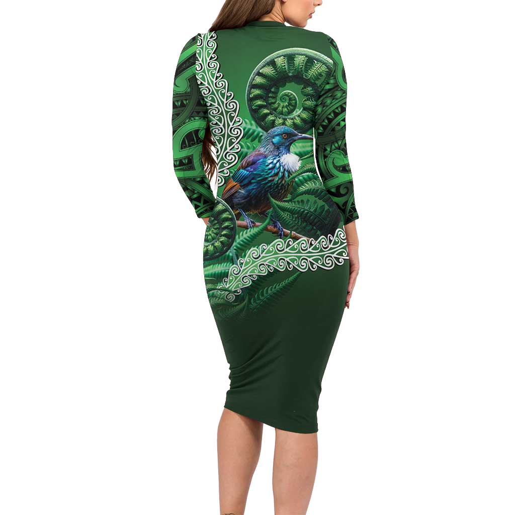 Tui Bird Koru Silver Fern Aotearoa Family Matching Long Sleeve Bodycon Dress and Hawaiian Shirt LT9 - Polynesian Pride
