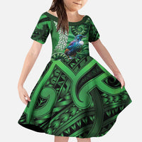 Tui Bird Koru Silver Fern Aotearoa Family Matching Off The Shoulder Long Sleeve Dress and Hawaiian Shirt LT9 Daughter's Dress Green - Polynesian Pride
