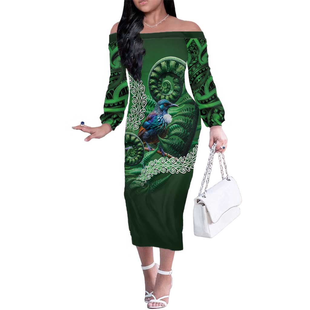 Tui Bird Koru Silver Fern Aotearoa Family Matching Off The Shoulder Long Sleeve Dress and Hawaiian Shirt LT9 Mom's Dress Green - Polynesian Pride