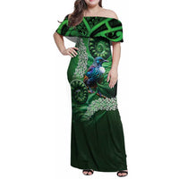 Tui Bird Koru Silver Fern Aotearoa Family Matching Off Shoulder Maxi Dress and Hawaiian Shirt LT9 Mom's Dress Green - Polynesian Pride