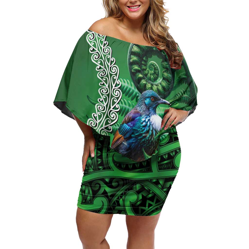 Tui Bird Koru Silver Fern Aotearoa Family Matching Off Shoulder Short Dress and Hawaiian Shirt LT9 Mom's Dress Green - Polynesian Pride