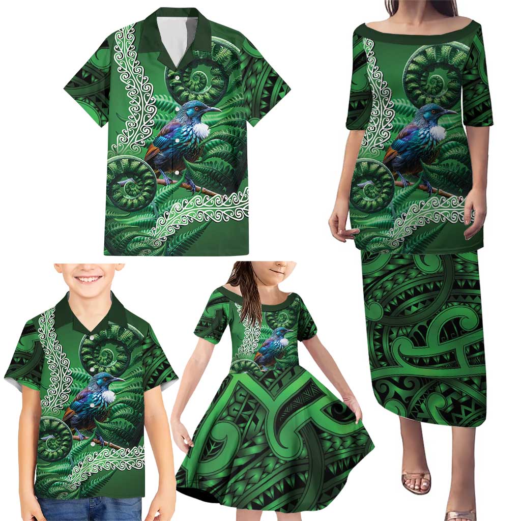 Tui Bird Koru Silver Fern Aotearoa Family Matching Puletasi and Hawaiian Shirt LT9 - Polynesian Pride