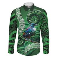 Tui Bird Koru Silver Fern Aotearoa Family Matching Puletasi and Hawaiian Shirt LT9 Dad's Shirt - Long Sleeve Green - Polynesian Pride