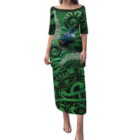 Tui Bird Koru Silver Fern Aotearoa Family Matching Puletasi and Hawaiian Shirt LT9 Mom's Dress Green - Polynesian Pride
