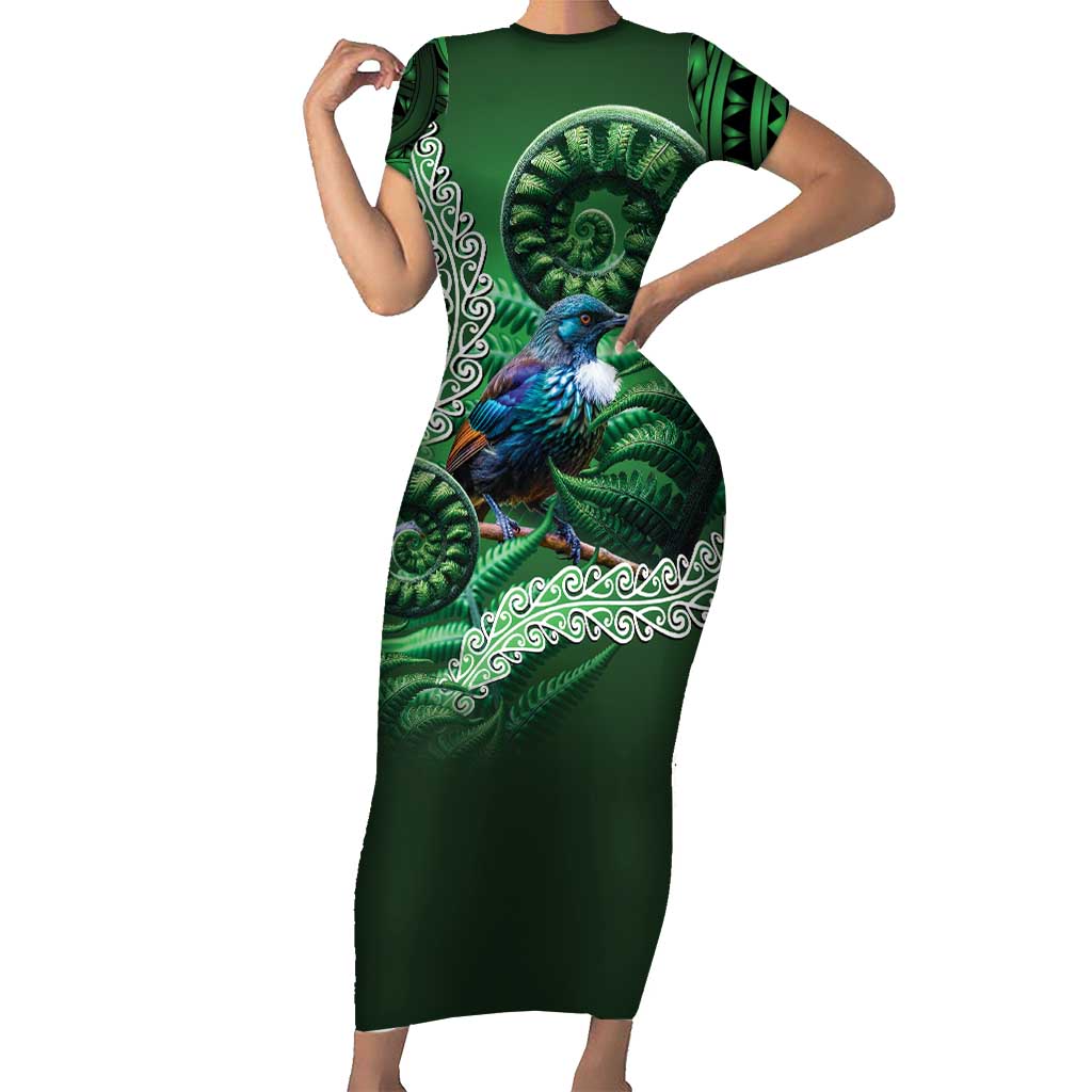 Tui Bird Koru Silver Fern Aotearoa Family Matching Short Sleeve Bodycon Dress and Hawaiian Shirt LT9 Mom's Dress Green - Polynesian Pride