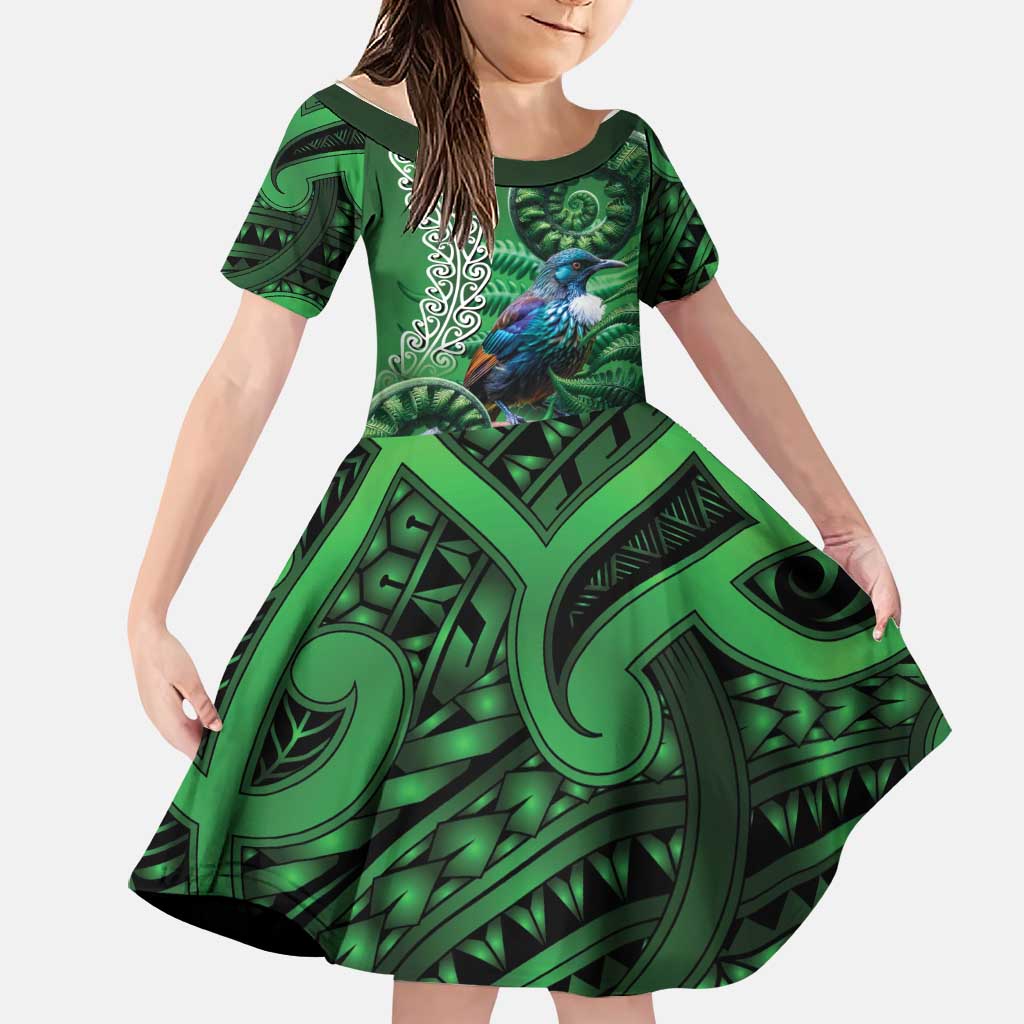 Tui Bird Koru Silver Fern Aotearoa Family Matching Summer Maxi Dress and Hawaiian Shirt LT9 Daughter's Dress Green - Polynesian Pride
