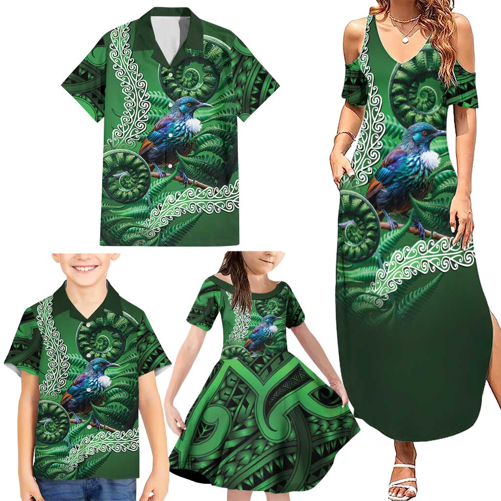 Tui Bird Koru Silver Fern Aotearoa Family Matching Summer Maxi Dress and Hawaiian Shirt LT9 - Polynesian Pride