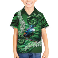 Tui Bird Koru Silver Fern Aotearoa Family Matching Summer Maxi Dress and Hawaiian Shirt LT9 Son's Shirt Green - Polynesian Pride