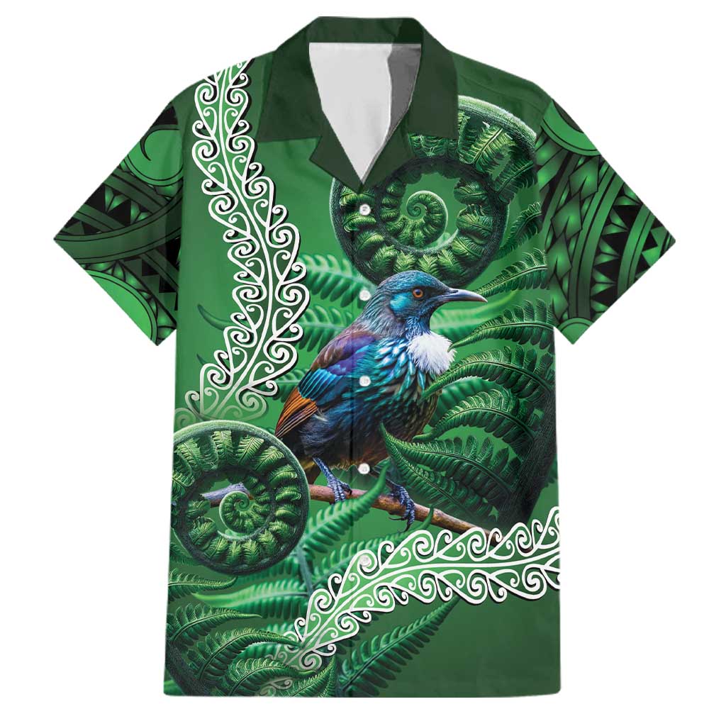 Tui Bird Koru Silver Fern Aotearoa Family Matching Tank Maxi Dress and Hawaiian Shirt LT9 Dad's Shirt - Short Sleeve Green - Polynesian Pride