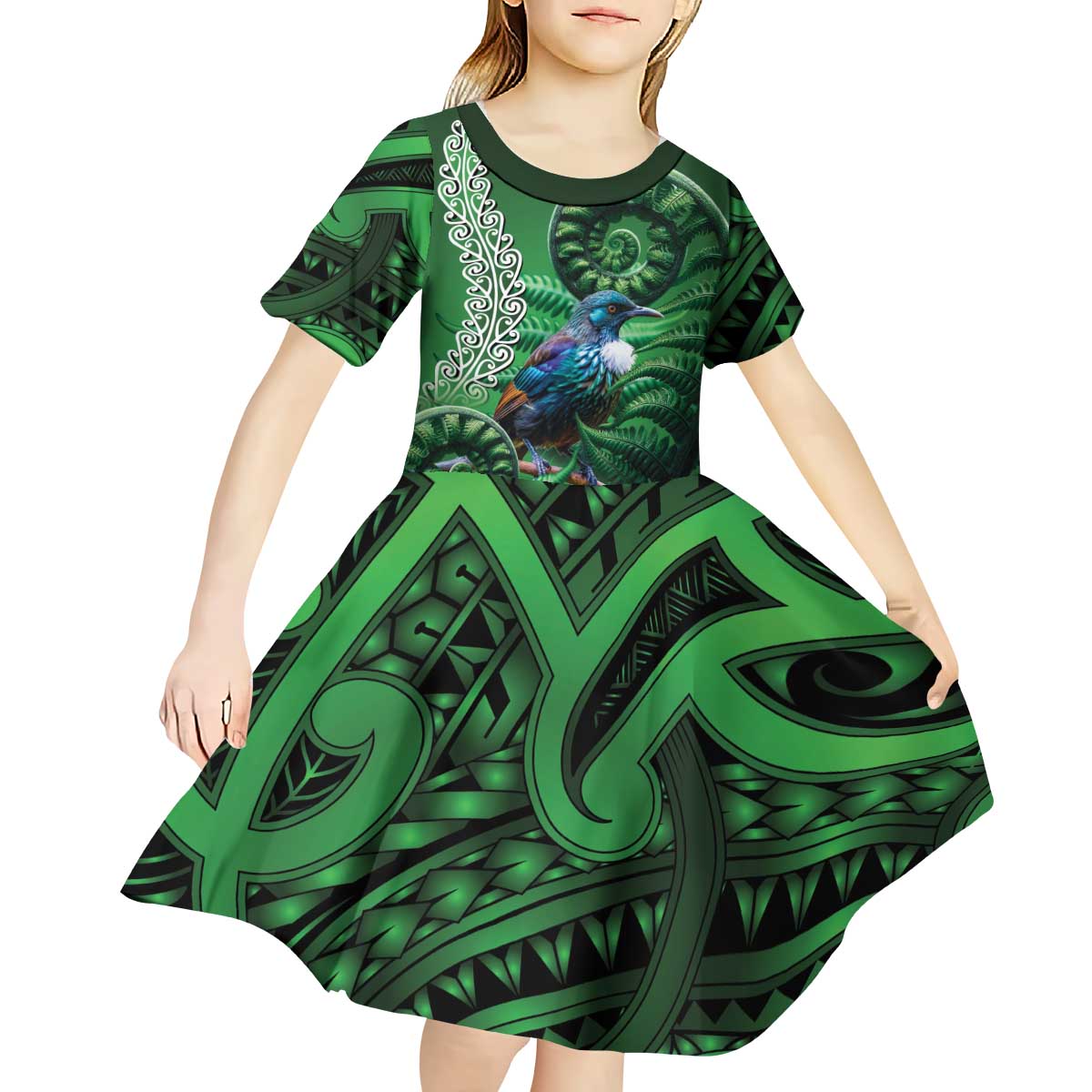 Tui Bird Koru Silver Fern Aotearoa Kid Short Sleeve Dress