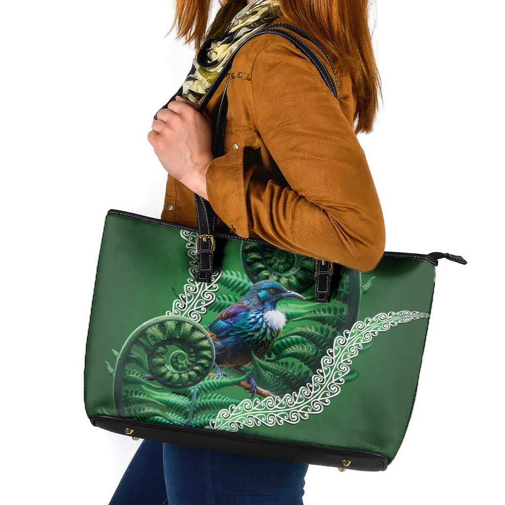 Tui Bird Koru Silver Fern Aotearoa Leather Tote Bag LT9 Green - Polynesian Pride