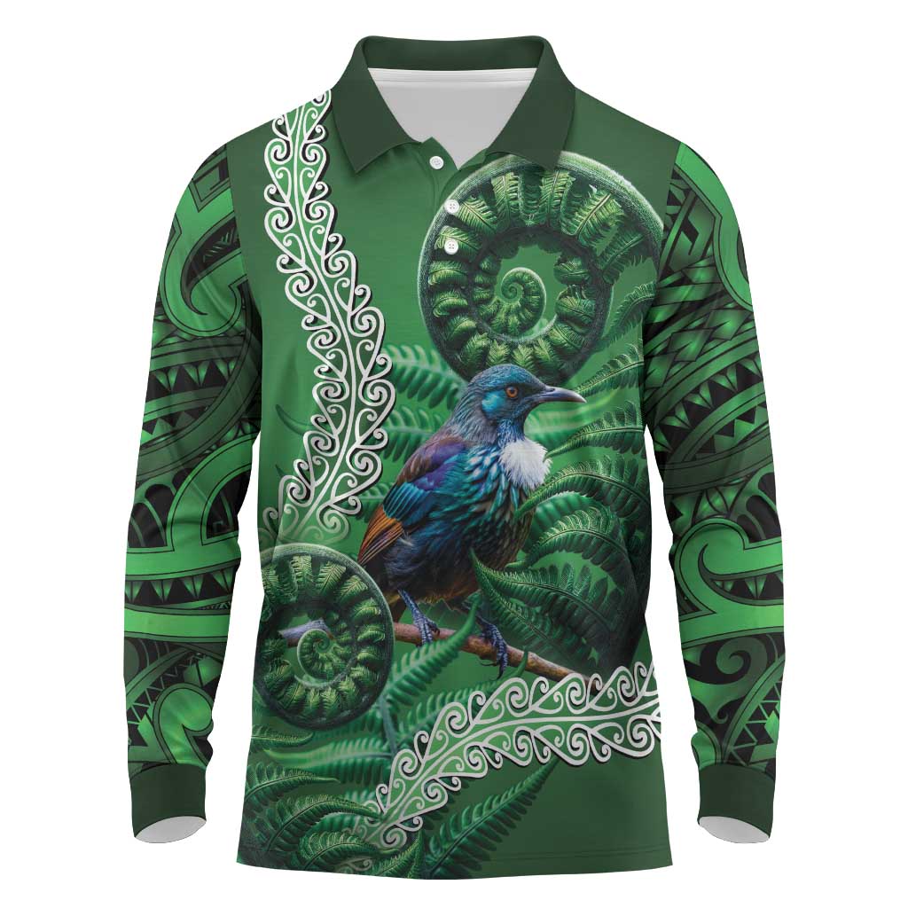 Tui Bird Koru Silver Fern Aotearoa Long Sleeve Polo Shirt