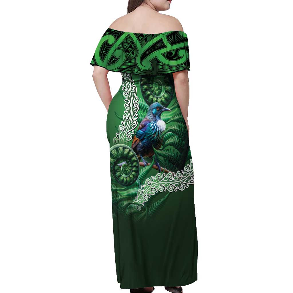 Tui Bird Koru Silver Fern Aotearoa Off Shoulder Maxi Dress
