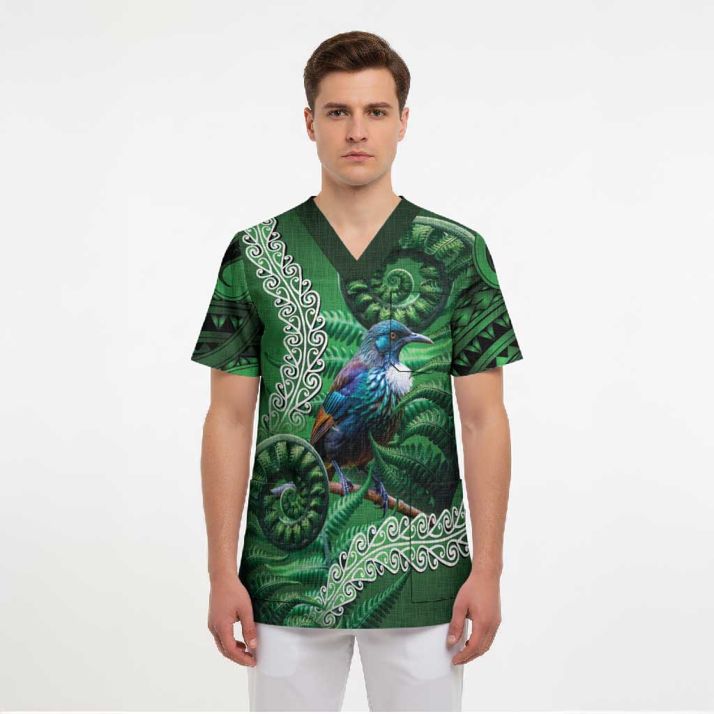 Tui Bird Koru Silver Fern Aotearoa Scrub Top