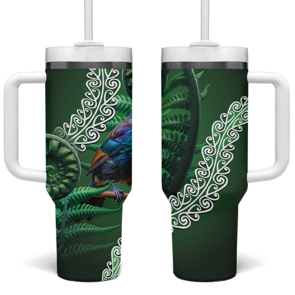Tui Bird Koru Silver Fern Aotearoa Tumbler With Handle LT9 One Size: 40 oz Green - Polynesian Pride