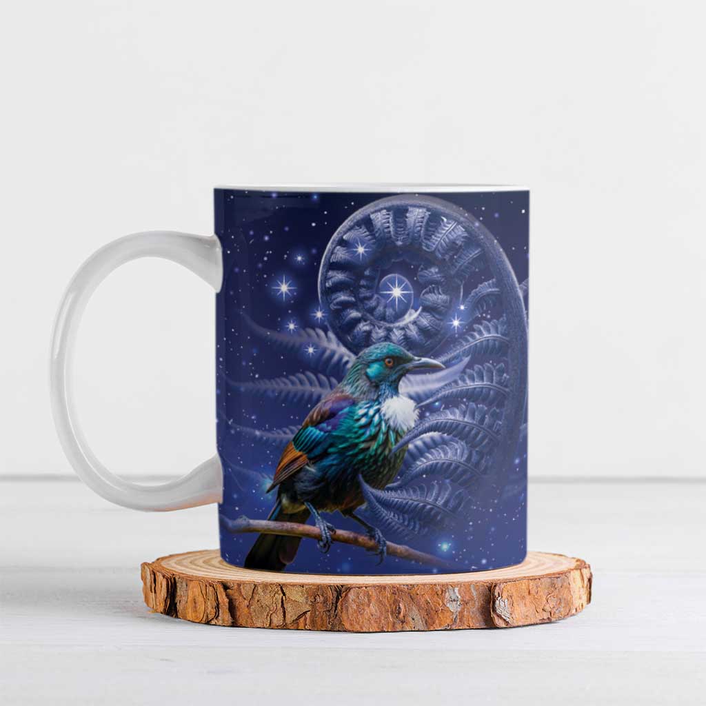 Tui Bird Matariki Galaxy Ceramic Mug Koru Silver Fern Aotearoa