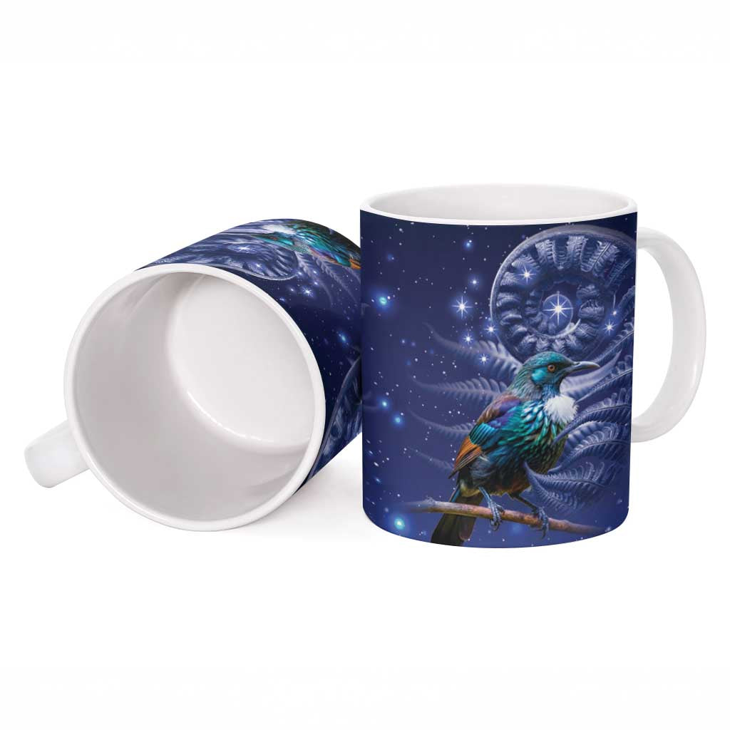Tui Bird Matariki Galaxy Ceramic Mug Koru Silver Fern Aotearoa