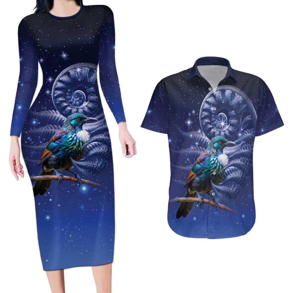 Tui Bird Matariki Galaxy Couples Matching Long Sleeve Bodycon Dress and Hawaiian Shirt Koru Silver Fern Aotearoa