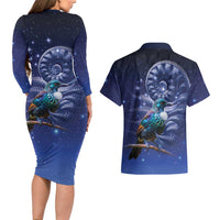 Tui Bird Matariki Galaxy Couples Matching Long Sleeve Bodycon Dress and Hawaiian Shirt Koru Silver Fern Aotearoa LT9 - Polynesian Pride