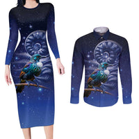Tui Bird Matariki Galaxy Couples Matching Long Sleeve Bodycon Dress and Long Sleeve Button Shirt Koru Silver Fern Aotearoa LT9 Galaxy - Polynesian Pride