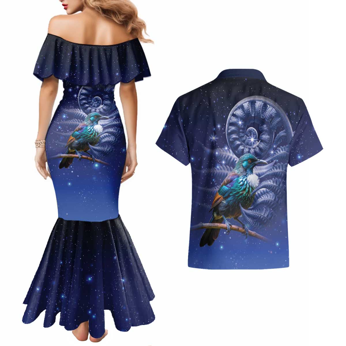 Tui Bird Matariki Galaxy Couples Matching Mermaid Dress and Hawaiian Shirt Koru Silver Fern Aotearoa LT9 - Polynesian Pride