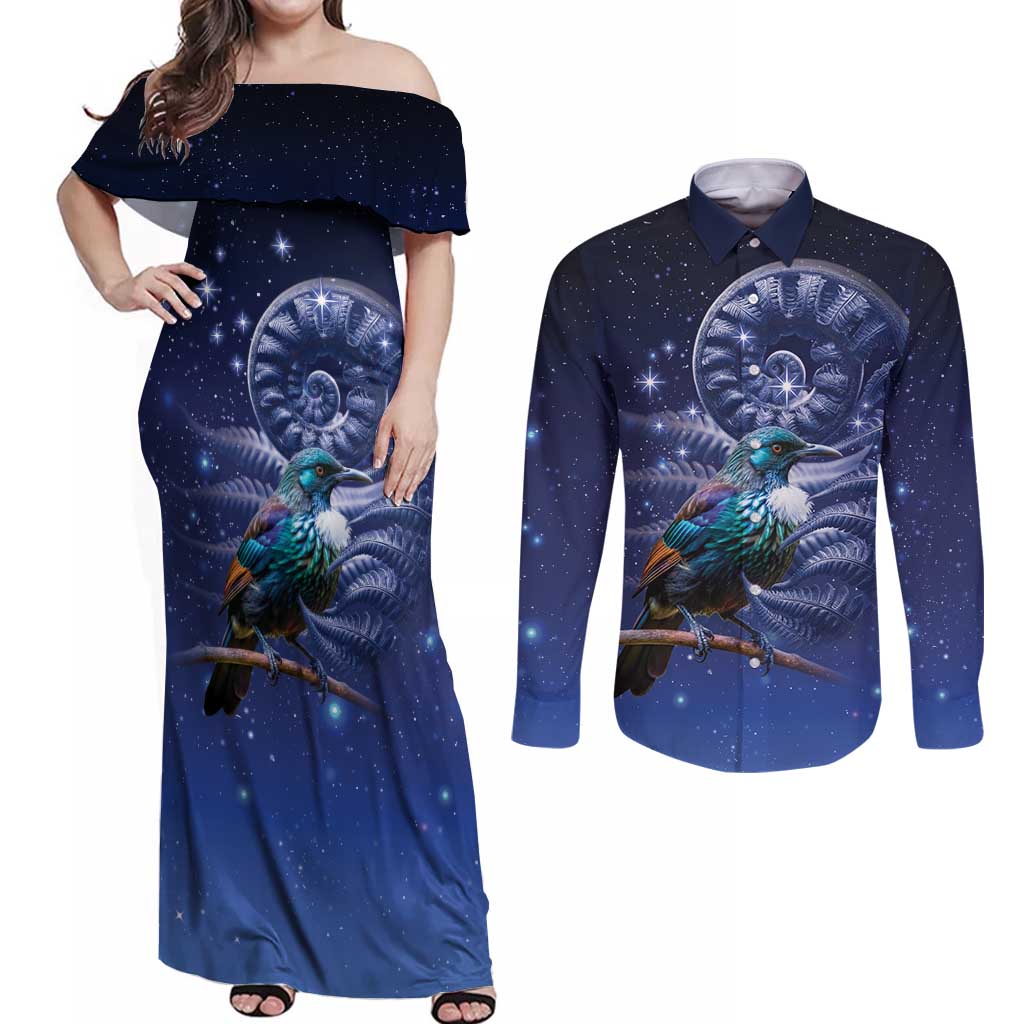Tui Bird Matariki Galaxy Couples Matching Off Shoulder Maxi Dress and Long Sleeve Button Shirt Koru Silver Fern Aotearoa