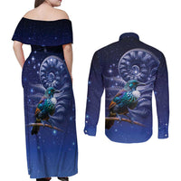 Tui Bird Matariki Galaxy Couples Matching Off Shoulder Maxi Dress and Long Sleeve Button Shirt Koru Silver Fern Aotearoa
