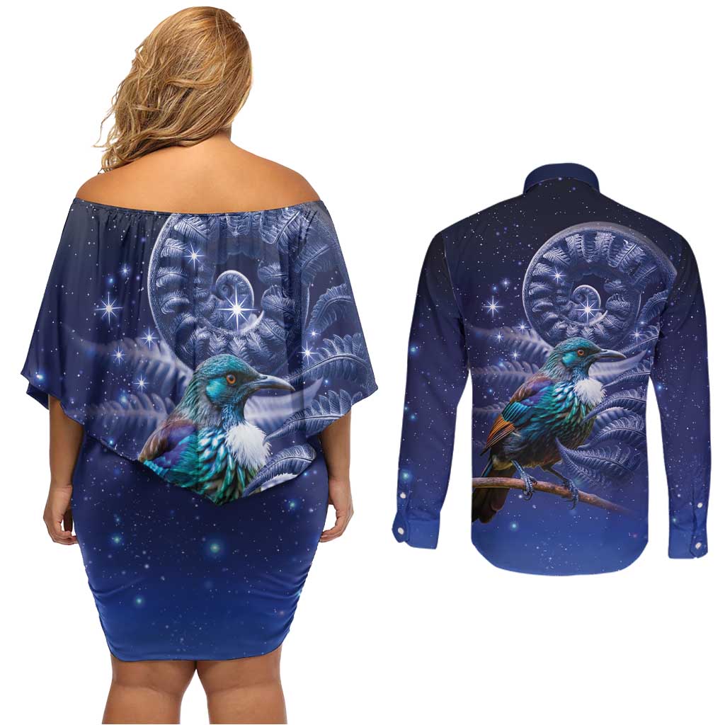 Tui Bird Matariki Galaxy Couples Matching Off Shoulder Short Dress and Long Sleeve Button Shirt Koru Silver Fern Aotearoa LT9 - Polynesian Pride