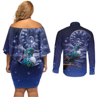 Tui Bird Matariki Galaxy Couples Matching Off Shoulder Short Dress and Long Sleeve Button Shirt Koru Silver Fern Aotearoa LT9 - Polynesian Pride