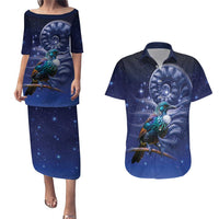Tui Bird Matariki Galaxy Couples Matching Puletasi and Hawaiian Shirt Koru Silver Fern Aotearoa