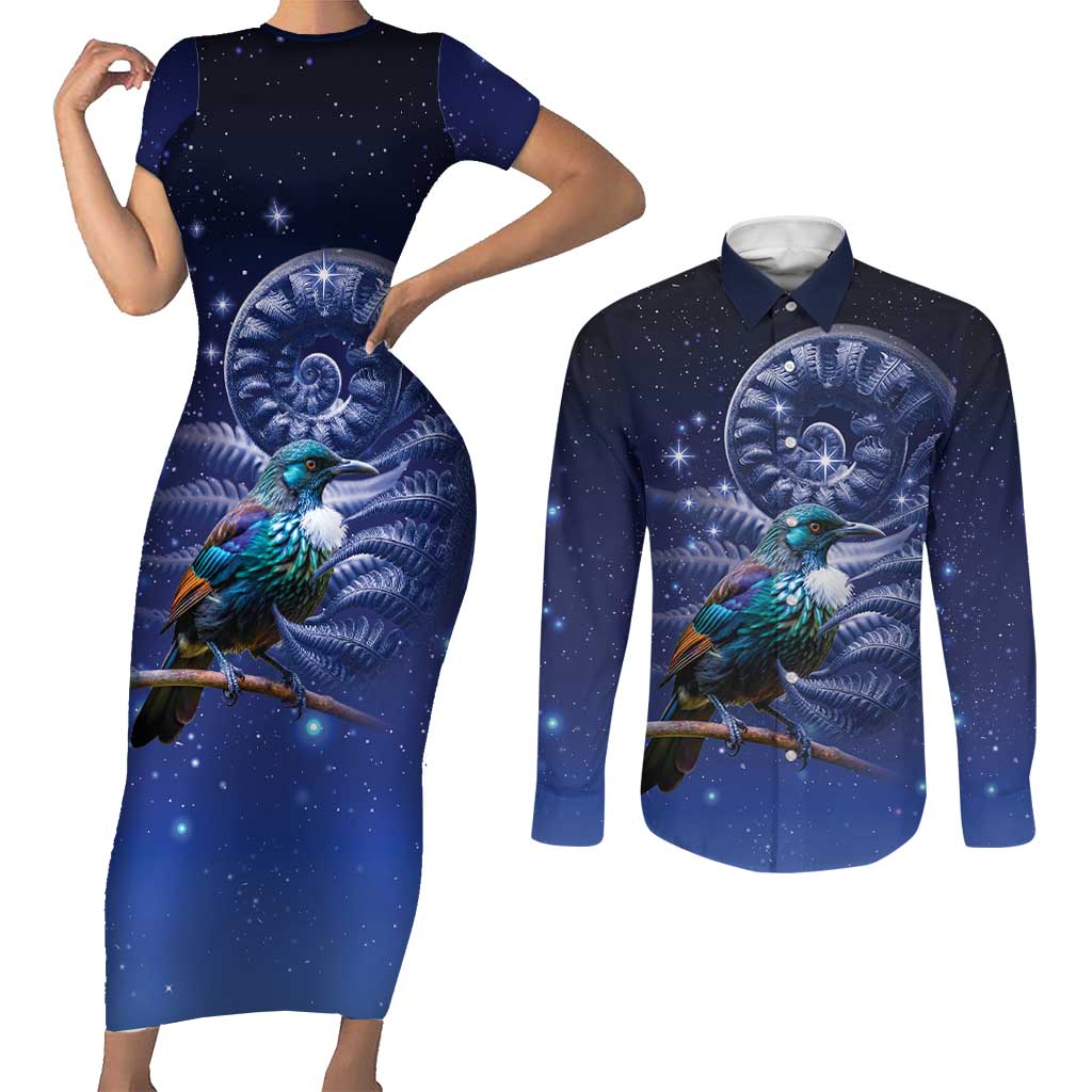 Tui Bird Matariki Galaxy Couples Matching Short Sleeve Bodycon Dress and Long Sleeve Button Shirt Koru Silver Fern Aotearoa LT9 Galaxy - Polynesian Pride