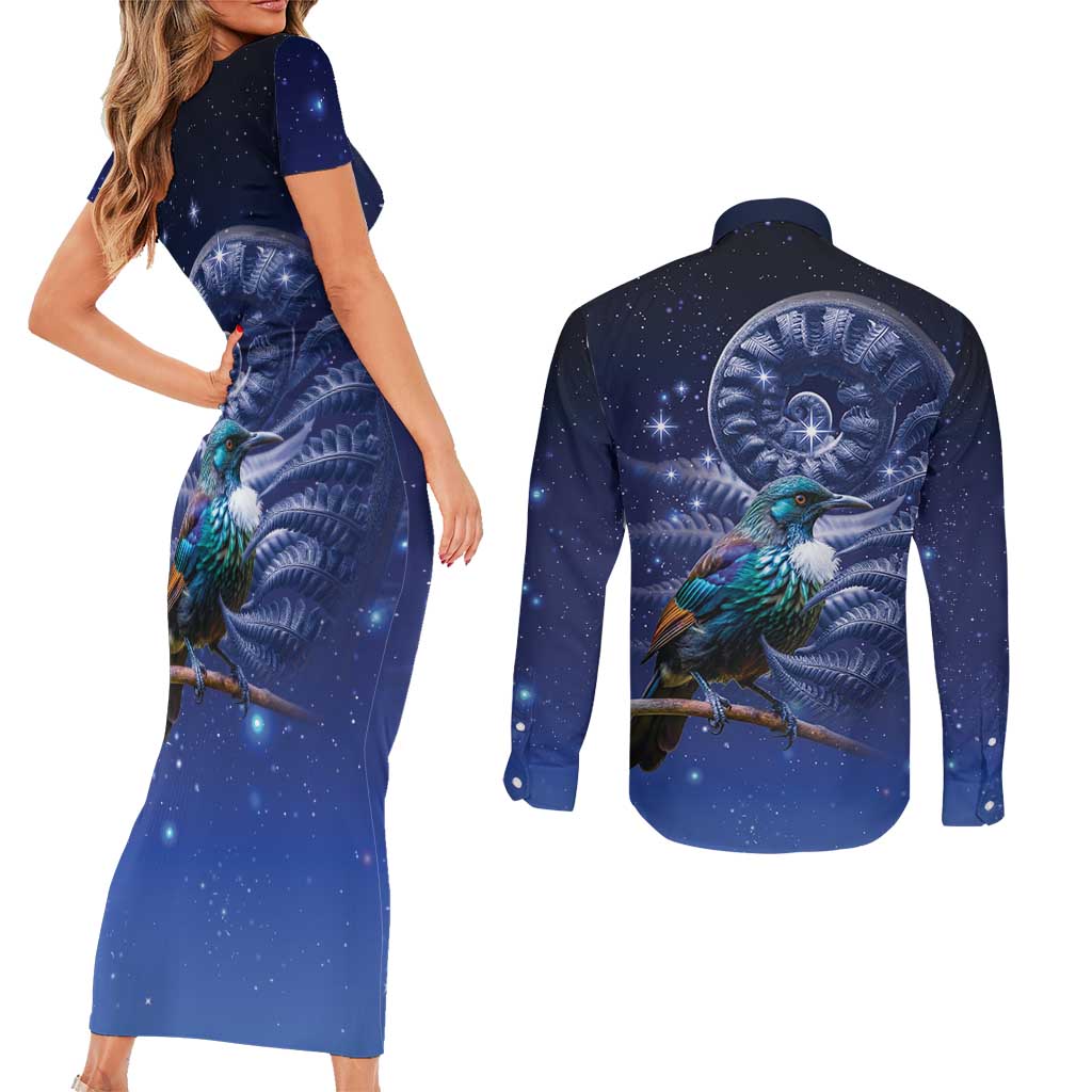 Tui Bird Matariki Galaxy Couples Matching Short Sleeve Bodycon Dress and Long Sleeve Button Shirt Koru Silver Fern Aotearoa LT9 - Polynesian Pride