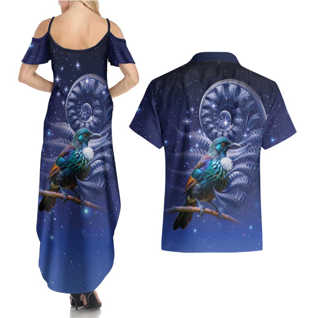 Tui Bird Matariki Galaxy Couples Matching Summer Maxi Dress and Hawaiian Shirt Koru Silver Fern Aotearoa LT9 - Polynesian Pride