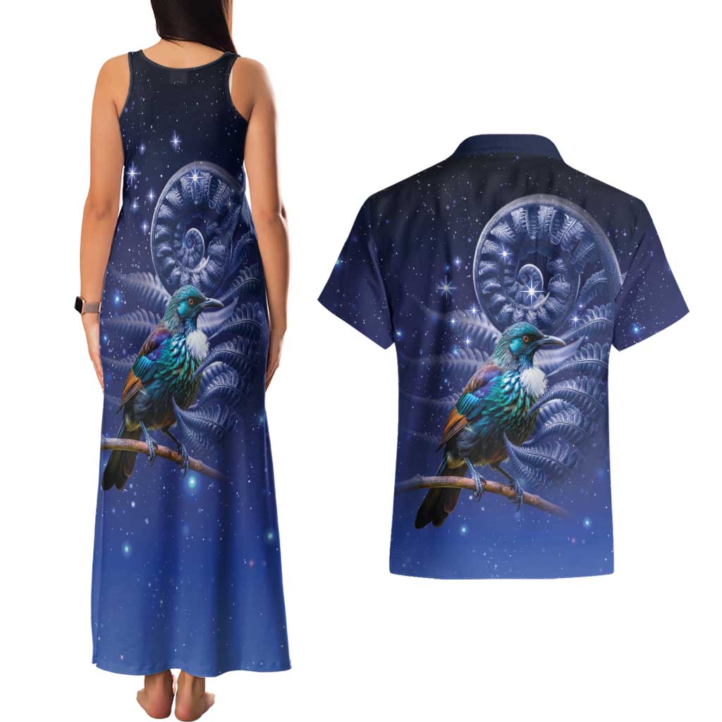 Tui Bird Matariki Galaxy Couples Matching Tank Maxi Dress and Hawaiian Shirt Koru Silver Fern Aotearoa LT9 - Polynesian Pride