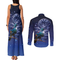 Tui Bird Matariki Galaxy Couples Matching Tank Maxi Dress and Long Sleeve Button Shirt Koru Silver Fern Aotearoa LT9 - Polynesian Pride
