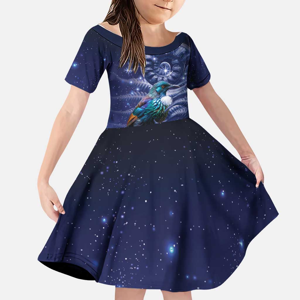 Tui Bird Matariki Galaxy Family Matching Long Sleeve Bodycon Dress and Hawaiian Shirt Koru Silver Fern Aotearoa LT9 Daughter's Dress Galaxy - Polynesian Pride