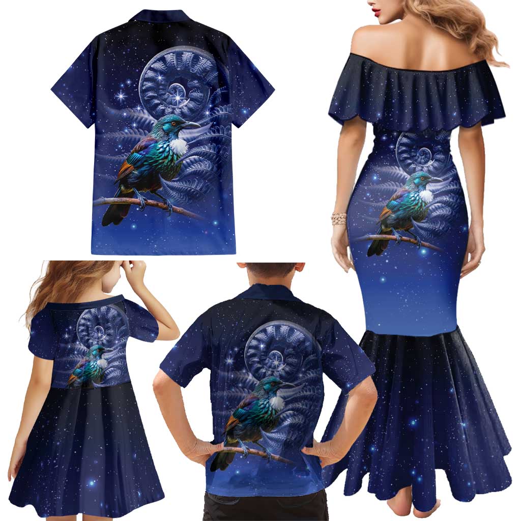 Tui Bird Matariki Galaxy Family Matching Mermaid Dress and Hawaiian Shirt Koru Silver Fern Aotearoa LT9 - Polynesian Pride