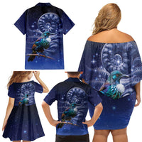 Tui Bird Matariki Galaxy Family Matching Off Shoulder Short Dress and Hawaiian Shirt Koru Silver Fern Aotearoa LT9 - Polynesian Pride