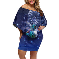 Tui Bird Matariki Galaxy Family Matching Off Shoulder Short Dress and Hawaiian Shirt Koru Silver Fern Aotearoa LT9 Mom's Dress Galaxy - Polynesian Pride